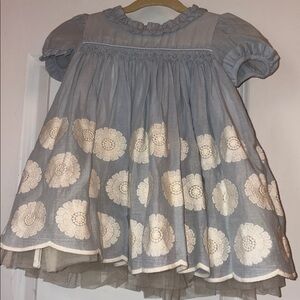 Bella Bliss Blue Linen Dress with White Floral Embroidery